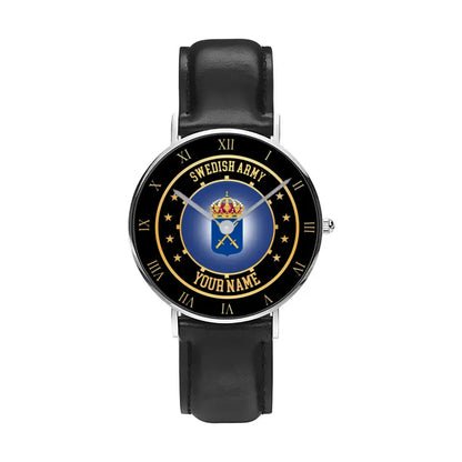 Personalisierte schwedische Soldat/Veteran mit Namen, schwarze genähte Lederuhr – 05042401 QA – goldene Version