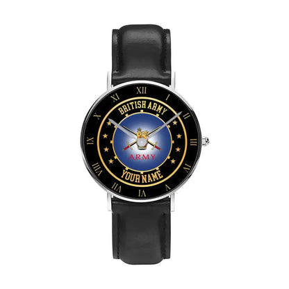 Montre personnalisée en cuir noir avec nom pour soldat/vétéran britannique - 05042401 QA - Version dorée