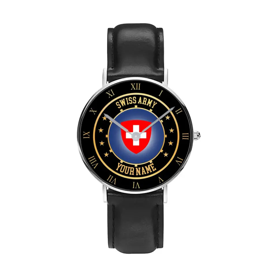 Montre personnalisée en cuir noir avec coutures noires pour soldat/vétéran suisse - 05042401 QA - Version dorée