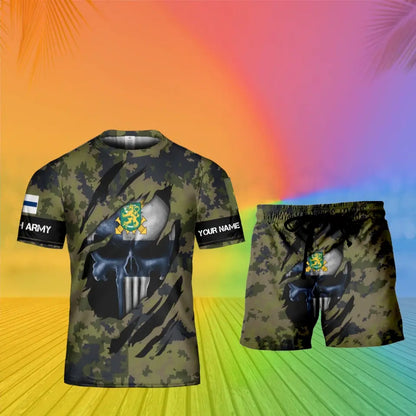 T-shirt personnalisé avec camouflage soldat/vétéran finlandais avec nom et grade + short imprimé en 3D - 08042402QA