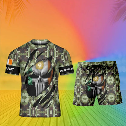 Personalisiertes irisches Soldaten-/Veteranen-Tarnmuster mit Namen und Rang, Kombi-T-Shirt + Shorts, 3D-Druck – 08042402QA