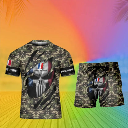 Personalisiertes französisches Soldaten-/Veteranen-Tarnmuster mit Namen und Rang, Kombi-T-Shirt + Shorts, 3D-Druck – 08042402QA