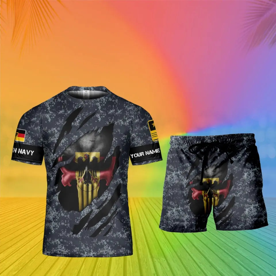 Personalisiertes deutsches Soldaten-/Veteranen-Tarnmuster mit Namen und Rang, Kombi-T-Shirt + Shorts, 3D-Druck – 08042402QA