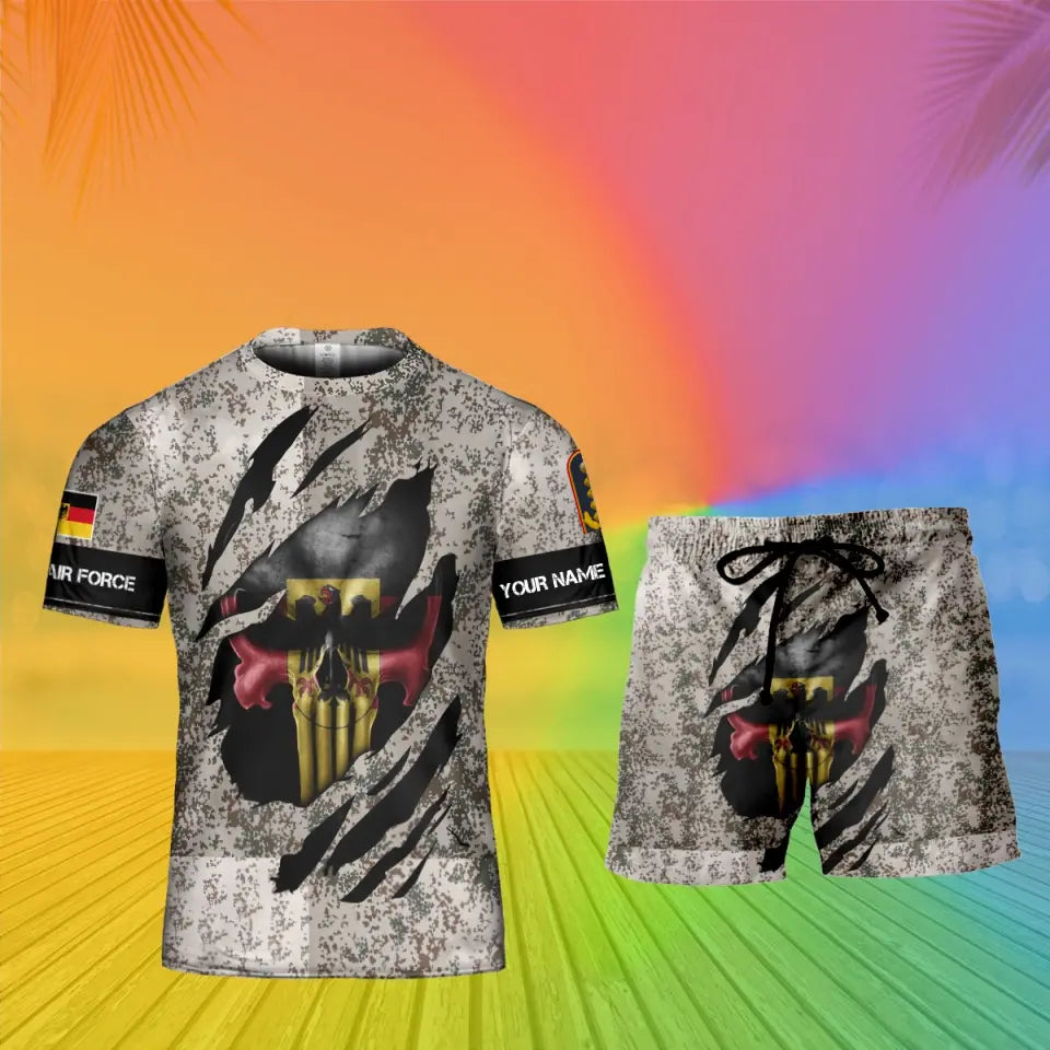 Personalisiertes deutsches Soldaten-/Veteranen-Tarnmuster mit Namen und Rang, Kombi-T-Shirt + Shorts, 3D-Druck – 08042402QA