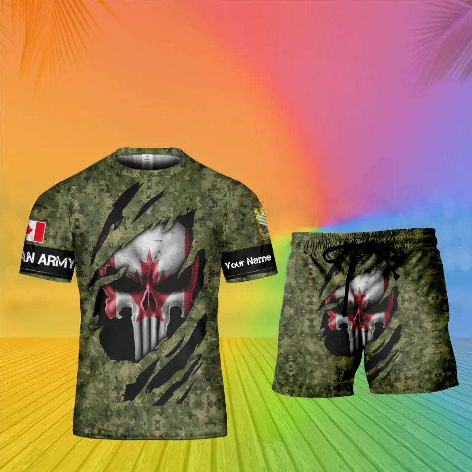 T-shirt personnalisé avec camouflage soldat/vétéran du Canada avec nom et grade combinés + short imprimés en 3D - 08042402QA