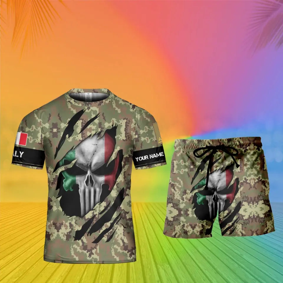 T-shirt personnalisé avec camouflage soldat/vétéran italien avec nom et grade + short imprimé en 3D -08042402QA