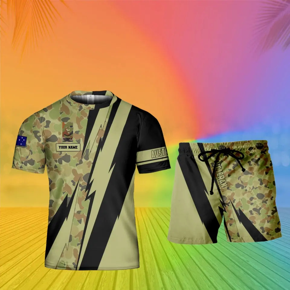 Personalisiertes australisches Soldaten-/Veteranen-Tarnmuster mit Namen und Rang, Kombi-T-Shirt + Short, 3D-Druck – 0503240001QA