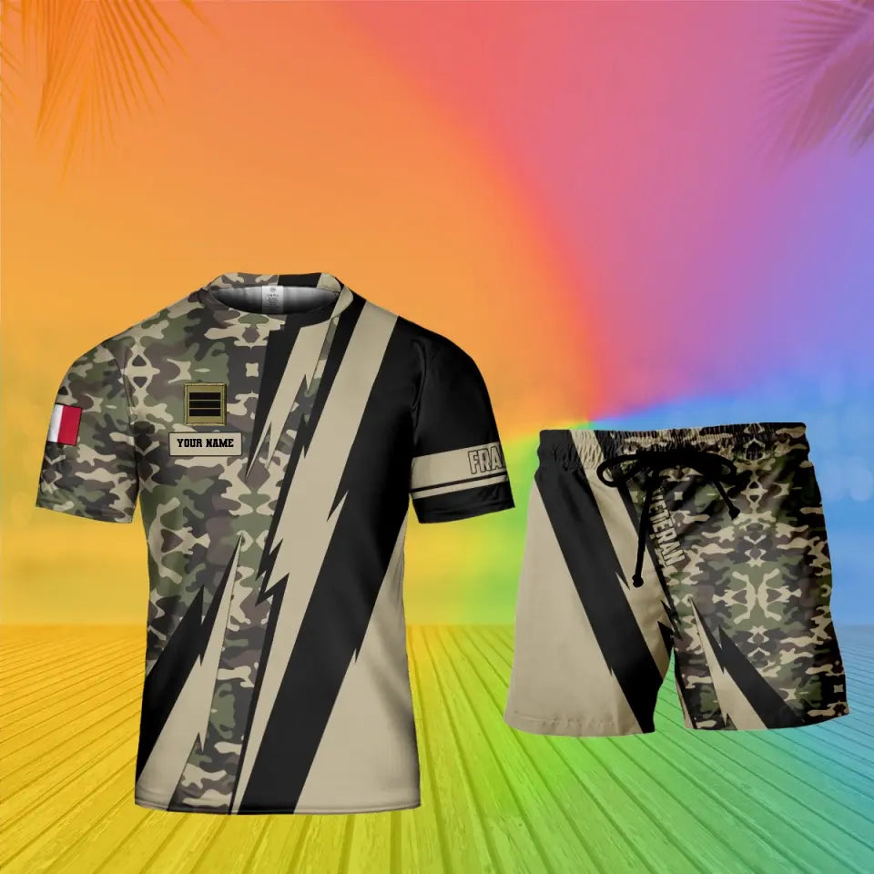 Personalisiertes französisches Soldaten-/Veteranen-Tarnmuster mit Namen und Rang, Kombi-T-Shirt + Shorts, 3D-Druck – 0503240001QA