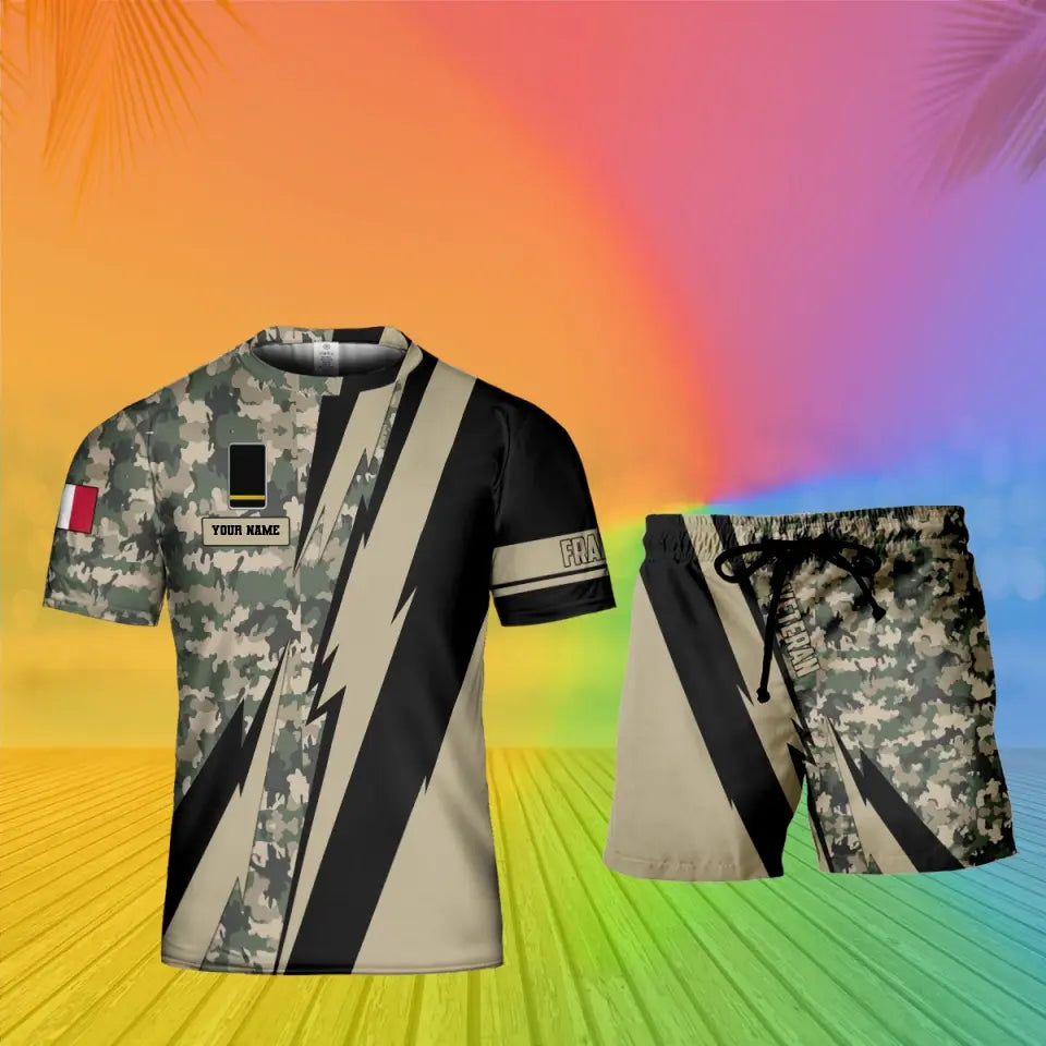 Personalisiertes französisches Soldaten-/Veteranen-Tarnmuster mit Namen und Rang, Kombi-T-Shirt + Shorts, 3D-Druck – 0503240001QA