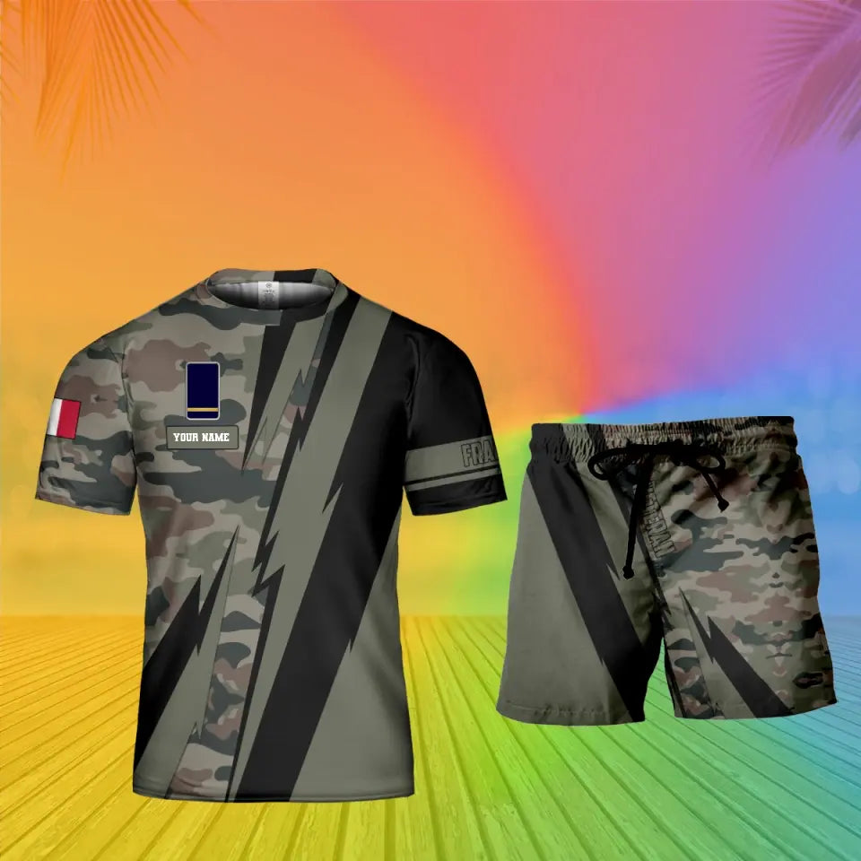 T-shirt personnalisé avec camouflage soldat/vétéran de la France avec nom et grade combinés + short imprimés en 3D - 0503240001QA