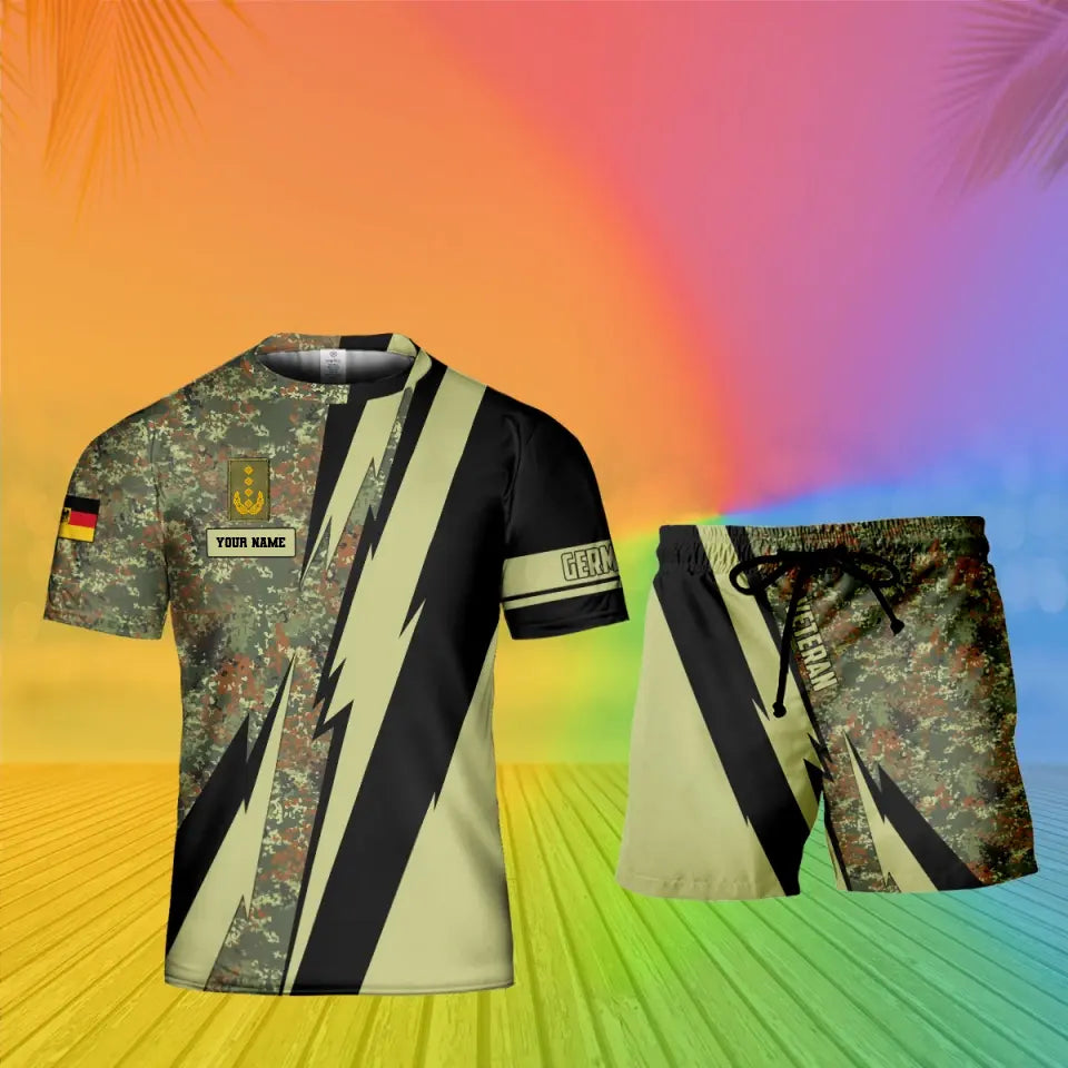 Personalisiertes deutsches Soldaten-/Veteranen-Tarnmuster mit Namen und Rang, Kombi-T-Shirt + Shorts, 3D-Druck – 0503240001QA