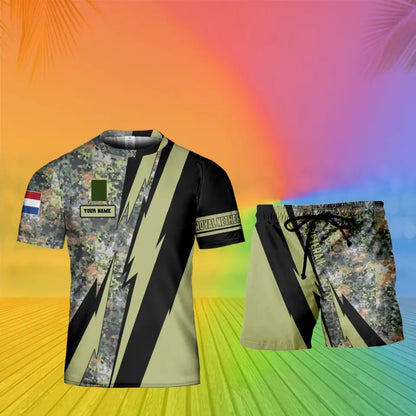 Personalisiertes niederländisches Soldaten-/Veteranen-Tarnmuster mit Namen und Rang, Kombi-T-Shirt + Shorts, 3D-Druck -03042401QA