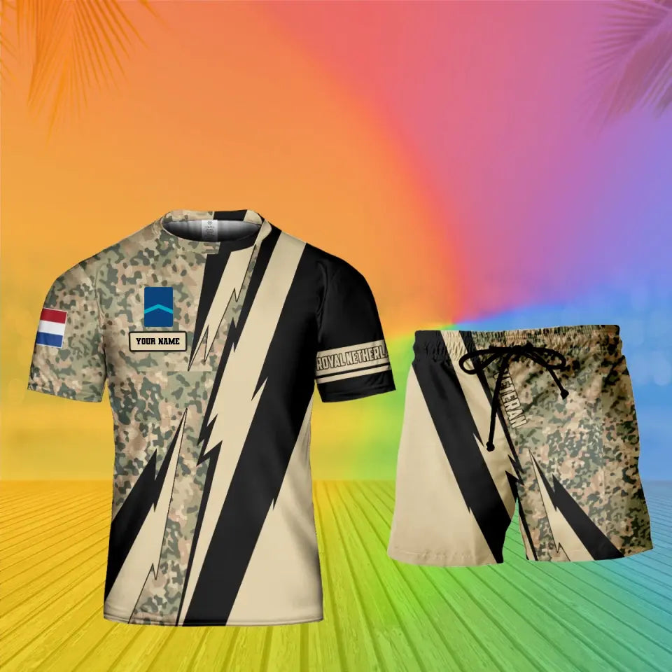 Personalisiertes niederländisches Soldaten-/Veteranen-Tarnmuster mit Namen und Rang, Kombi-T-Shirt + Shorts, 3D-Druck -03042401QA