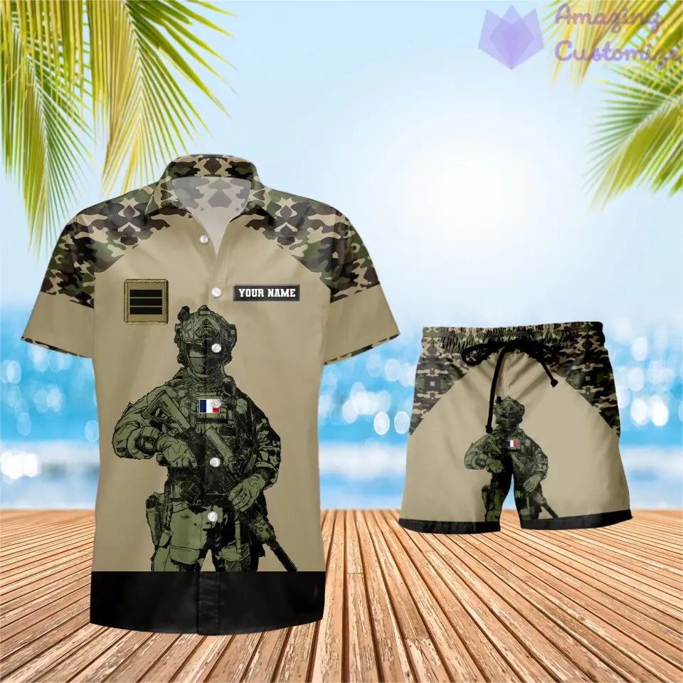 Personalisiertes französisches Soldaten-/Veteranen-Tarnmuster mit Rangkombination, Hawaiihemd + Shorts, 3D-Druck – 0512230001QA