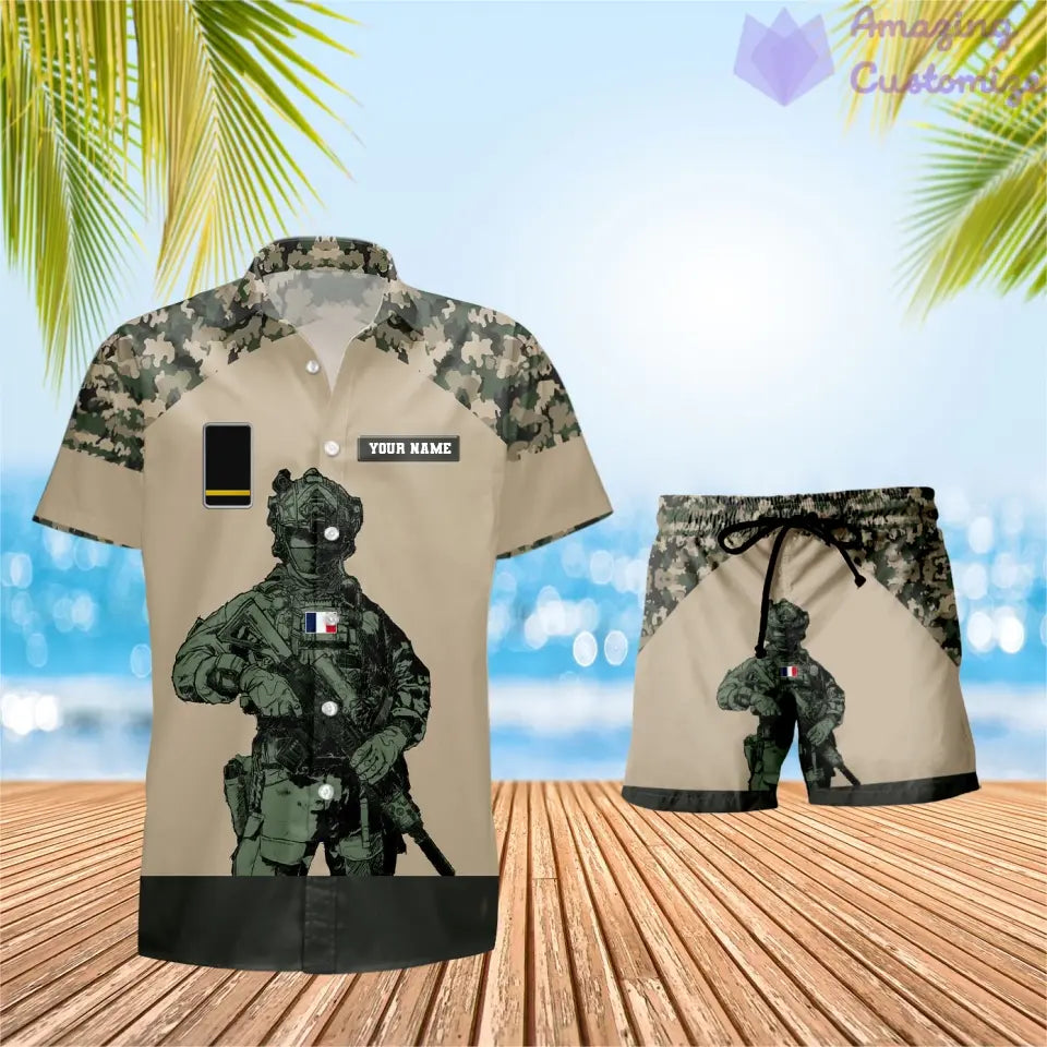 T-shirt Hawaïen personnalisé avec camouflage soldat/vétéran de la France et combo de grades + short imprimés en 3D - 0512230001QA