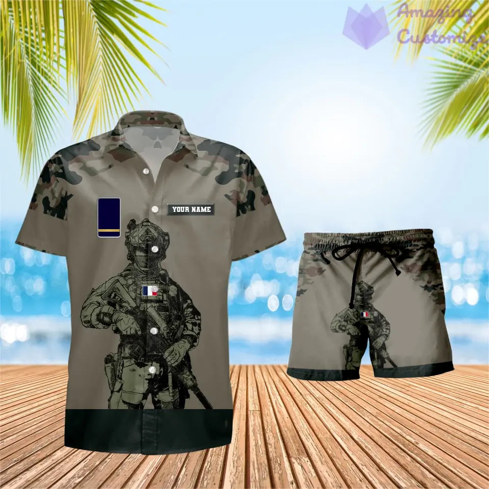 Personalisiertes französisches Soldaten-/Veteranen-Tarnmuster mit Rangkombination, Hawaiihemd + Shorts, 3D-Druck – 0512230001QA