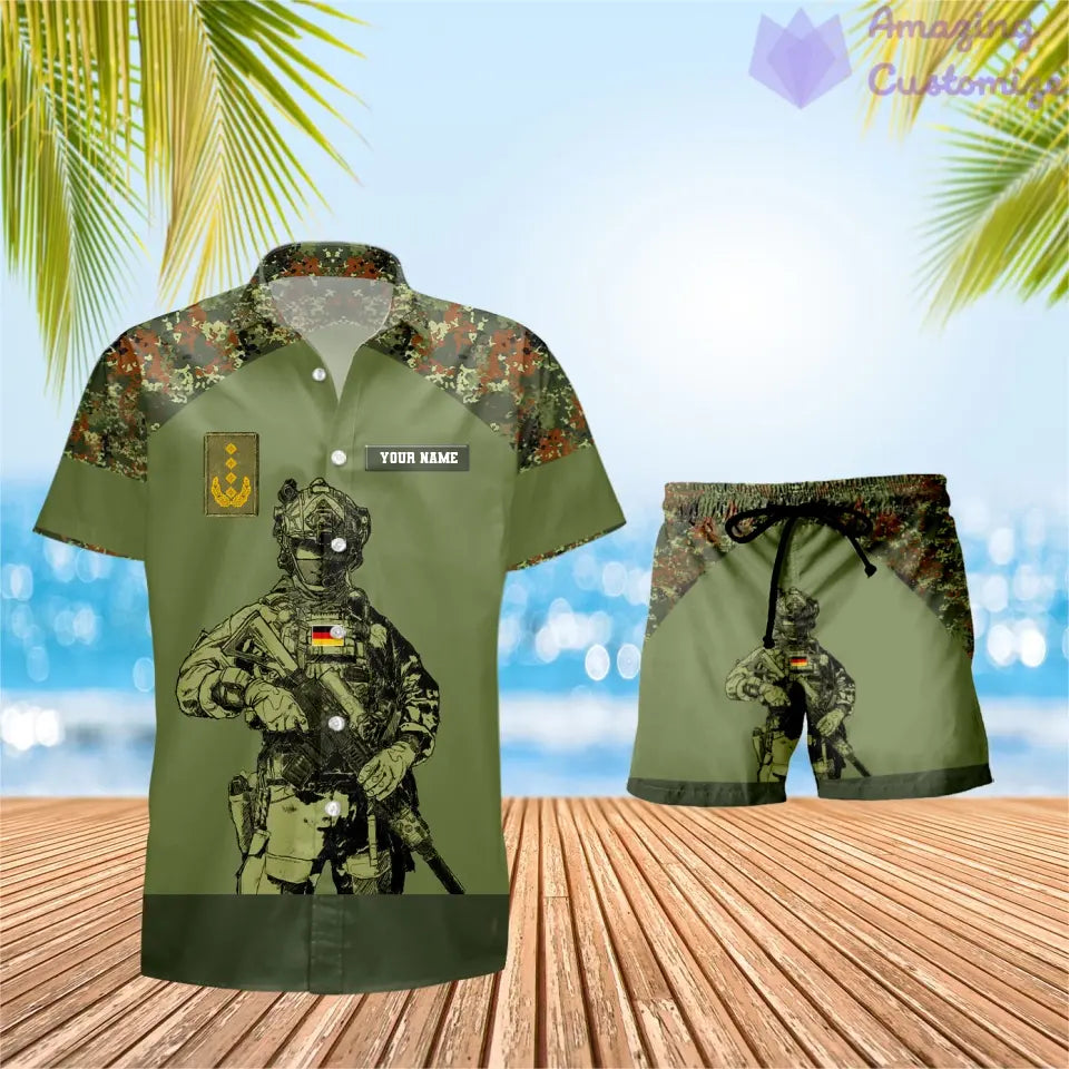 Personalisiertes deutsches Soldaten-/Veteranen-Tarnmuster mit Rangkombination Hawaiihemd + Shorts 3D-Druck – 0512230001QA