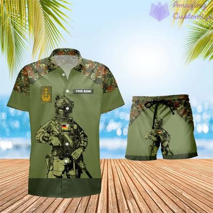 T-shirt Hawaï personnalisé avec camouflage soldat/vétéran allemand et combo de grades + short imprimé en 3D - 0512230001QA