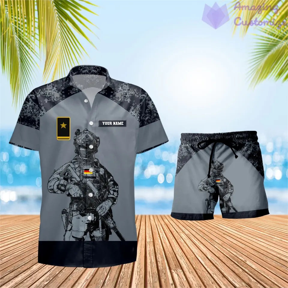 Personalisiertes deutsches Soldaten-/Veteranen-Tarnmuster mit Rangkombination Hawaiihemd + Shorts 3D-Druck – 0512230001QA