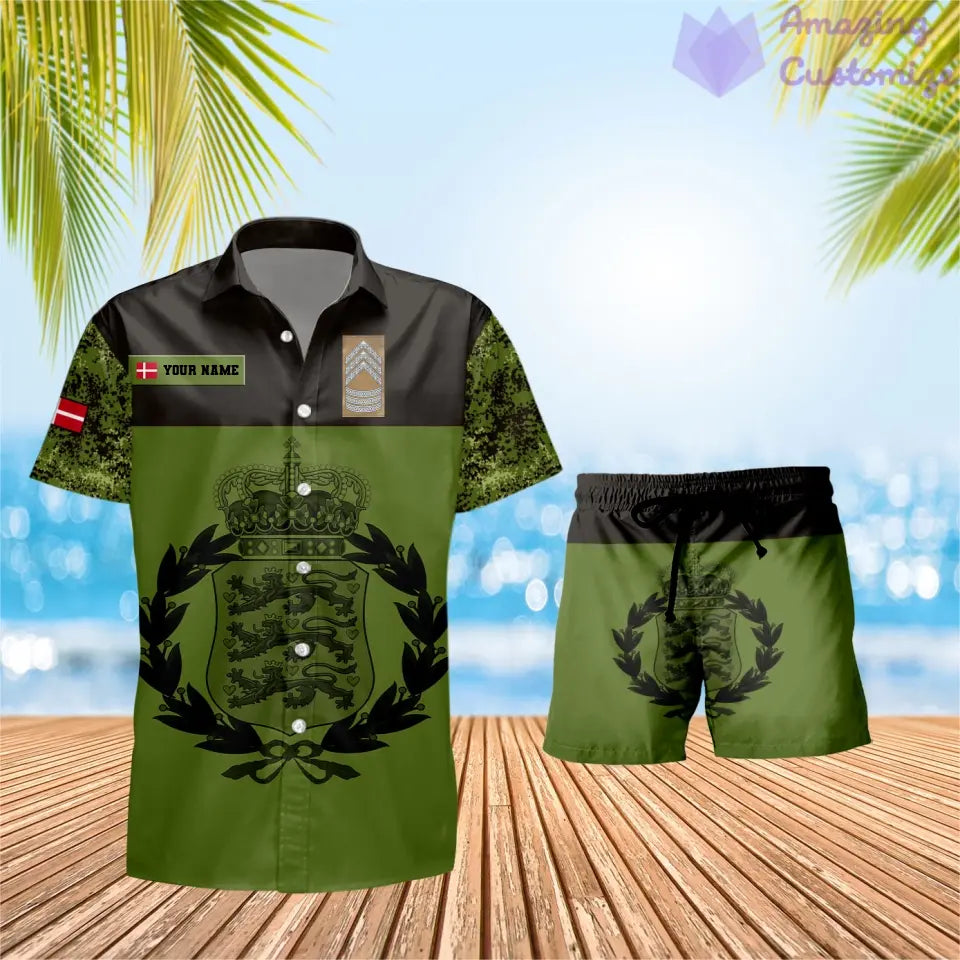 Personalisiertes dänisches Soldaten-/Veteranen-Tarnmuster mit Rangkombination, Hawaiihemd + Shorts, 3D-Druck – 0906230001QA