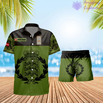 T-shirt Hawaï personnalisé avec camouflage soldat/vétéran du Danemark et combo de grades + short imprimé en 3D - 0906230001QA