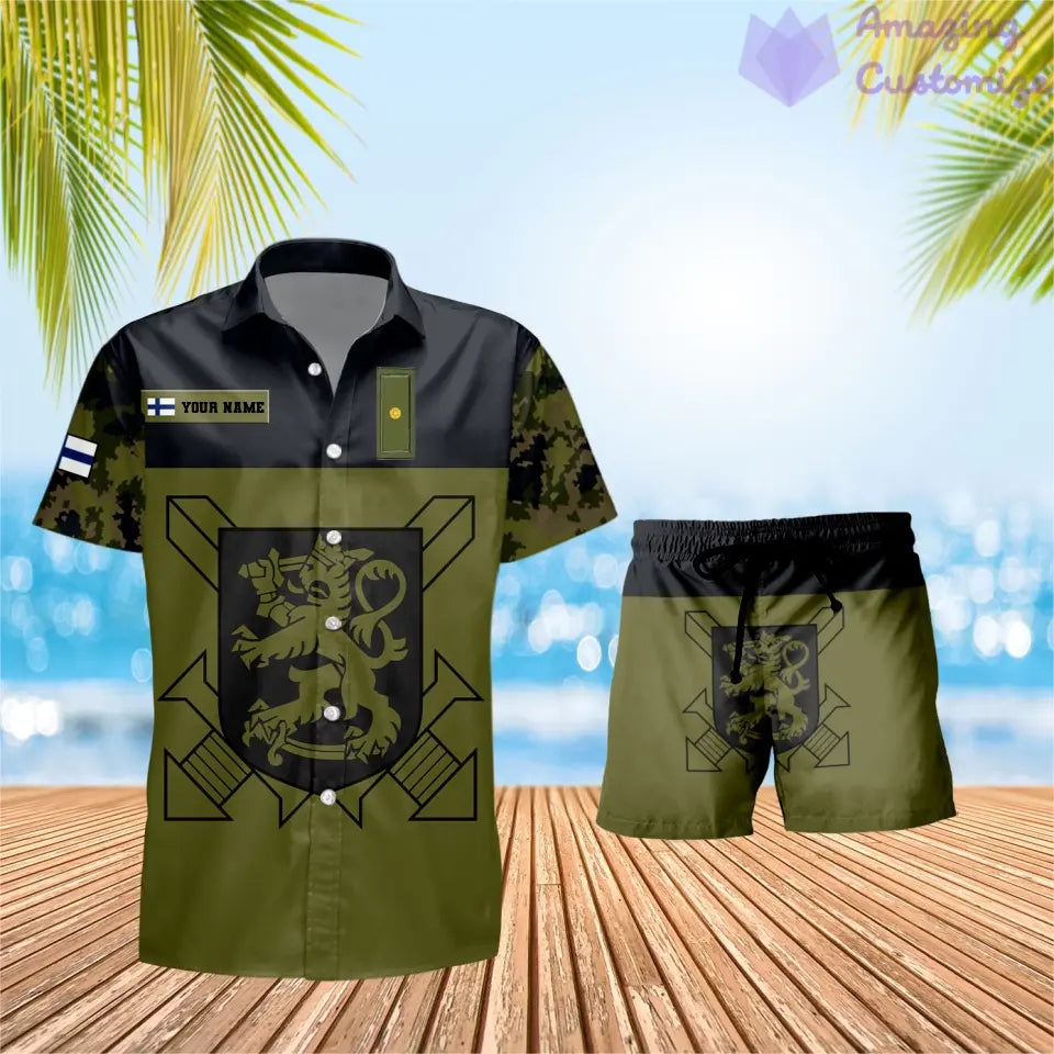 Personalisierter finnischer Soldat/Veteran, Camouflage mit Rangkombination, Hawaiihemd + Shorts, 3D-Druck – 0906230001QA