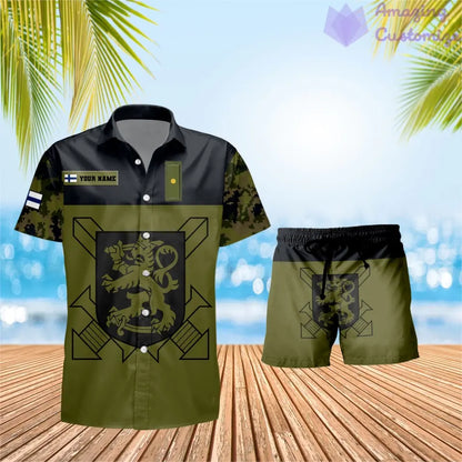 T-shirt Hawaï personnalisé avec camouflage soldat/vétéran finlandais et combo de grades + short imprimé en 3D - 0906230001QA