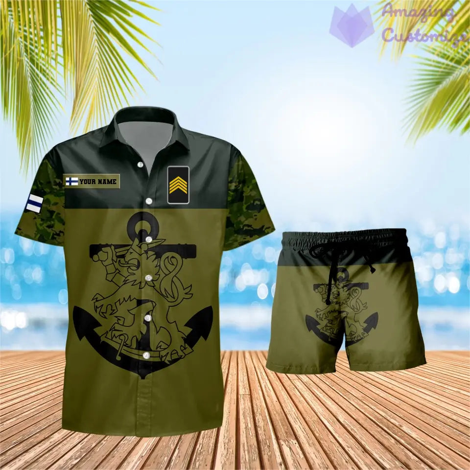 Personalisierter finnischer Soldat/Veteran, Camouflage mit Rangkombination, Hawaiihemd + Shorts, 3D-Druck – 0906230001QA