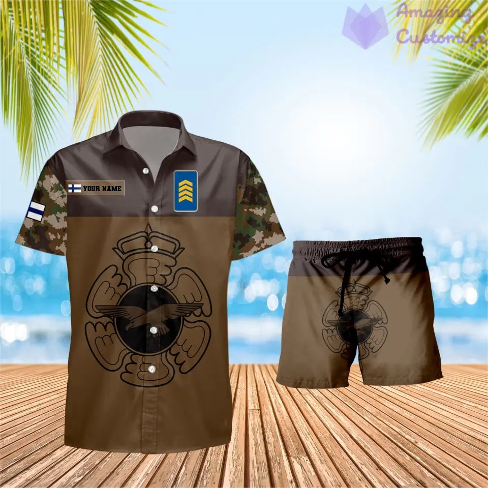 T-shirt Hawaï personnalisé avec camouflage soldat/vétéran finlandais et combo de grades + short imprimé en 3D - 0906230001QA