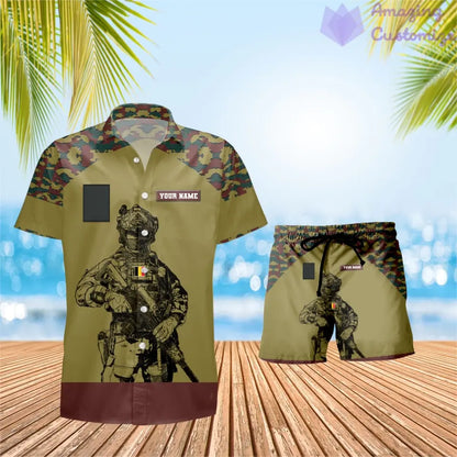 T-shirt Hawaï personnalisé avec camouflage soldat/vétéran belge et combo de grades + short imprimés en 3D - 1212230001QA