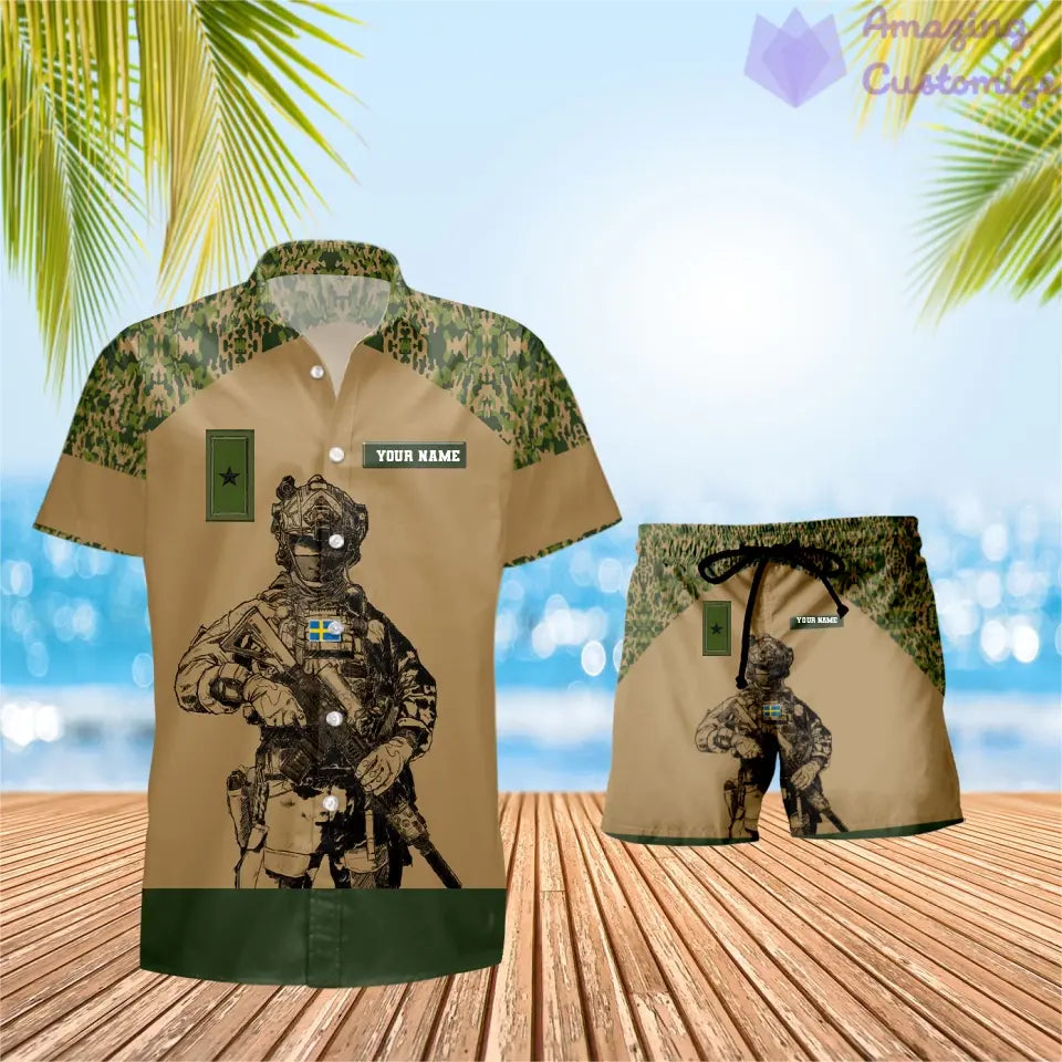 T-shirt Hawaï personnalisé avec camouflage soldat/vétéran suédois et combo de grades + short imprimé en 3D - 1212230001QA