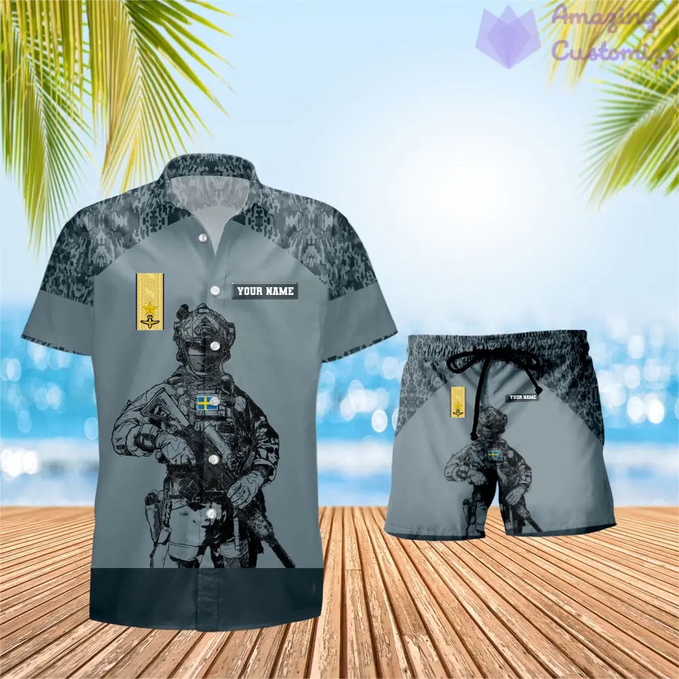 T-shirt Hawaï personnalisé avec camouflage soldat/vétéran suédois et combo de grades + short imprimé en 3D - 1212230001QA