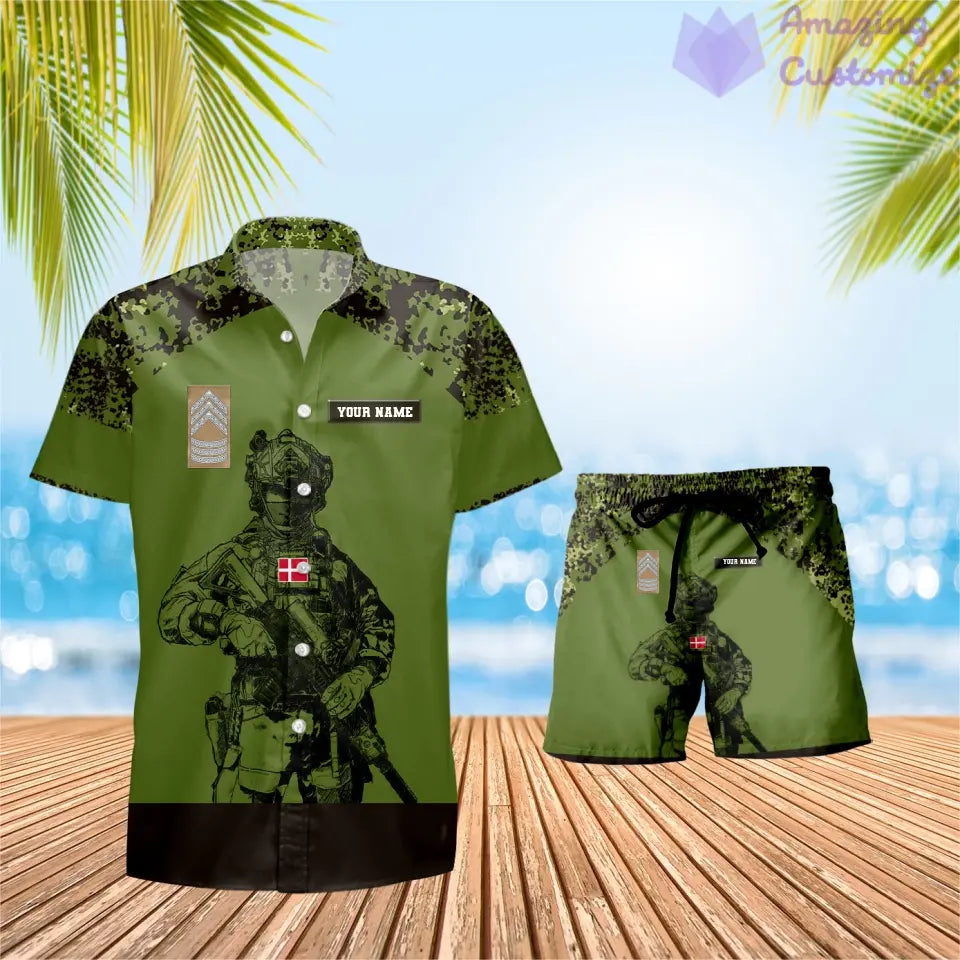 T-shirt Hawaï personnalisé avec camouflage soldat/vétéran du Danemark et combo de grades + short imprimé en 3D - 1212230001QA