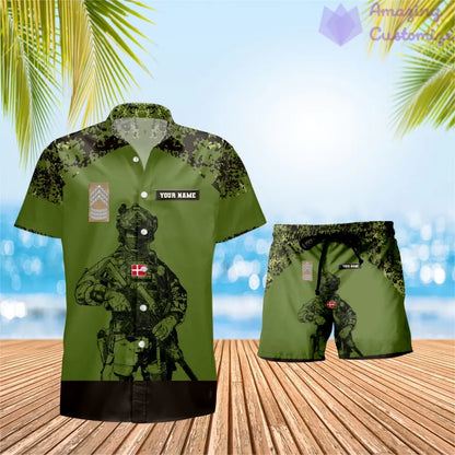 Personalisiertes dänisches Soldaten-/Veteranen-Tarnmuster mit Rangkombination, Hawaiihemd + Shorts, 3D-Druck – 1212230001QA