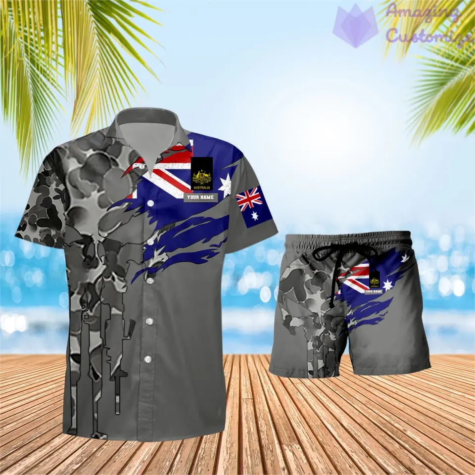 T-shirt et short Hawaï personnalisés avec camouflage soldat/vétéran australien et combo de grade imprimés en 3D - 0811230015QA