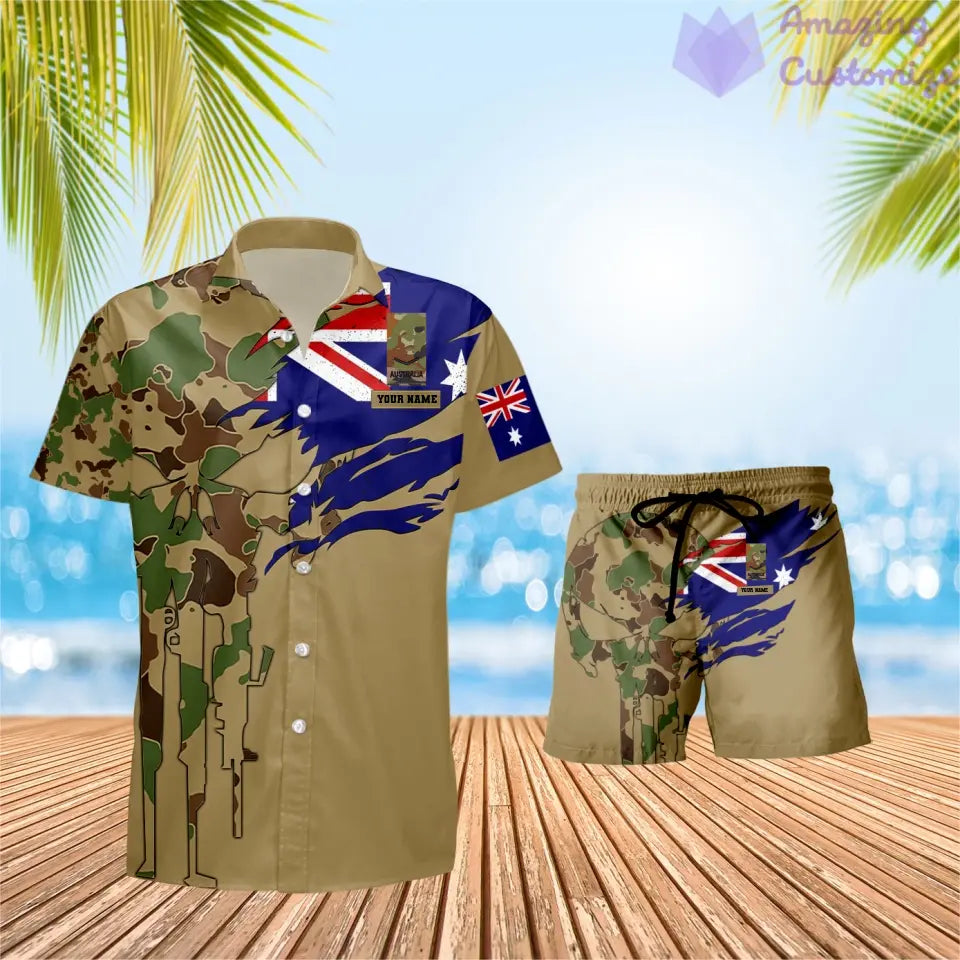 T-shirt et short Hawaï personnalisés avec camouflage soldat/vétéran australien et combo de grade imprimés en 3D - 0811230015QA