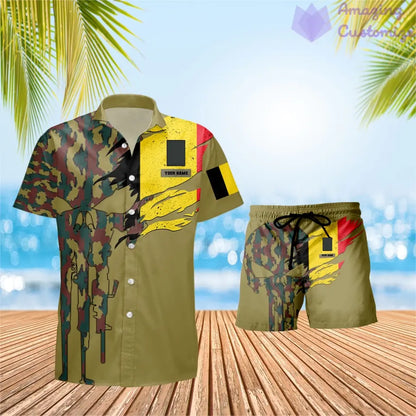 Personalisierter belgischer Soldat/Veteran, Camouflage mit Rangkombination, Hawaiihemd + Shorts, 3D-Druck – 0311230001QA