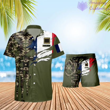 T-shirt Hawaï personnalisé avec camouflage soldat/vétéran de la France et combo de grades + short imprimés en 3D - 0311230001QA