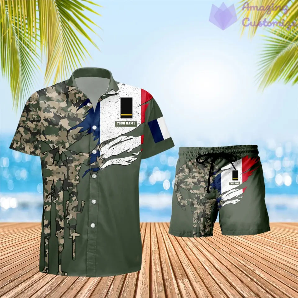 Personalisiertes französisches Soldaten-/Veteranen-Tarnmuster mit Rangkombination, Hawaiihemd + Shorts, 3D-Druck – 0311230001QA