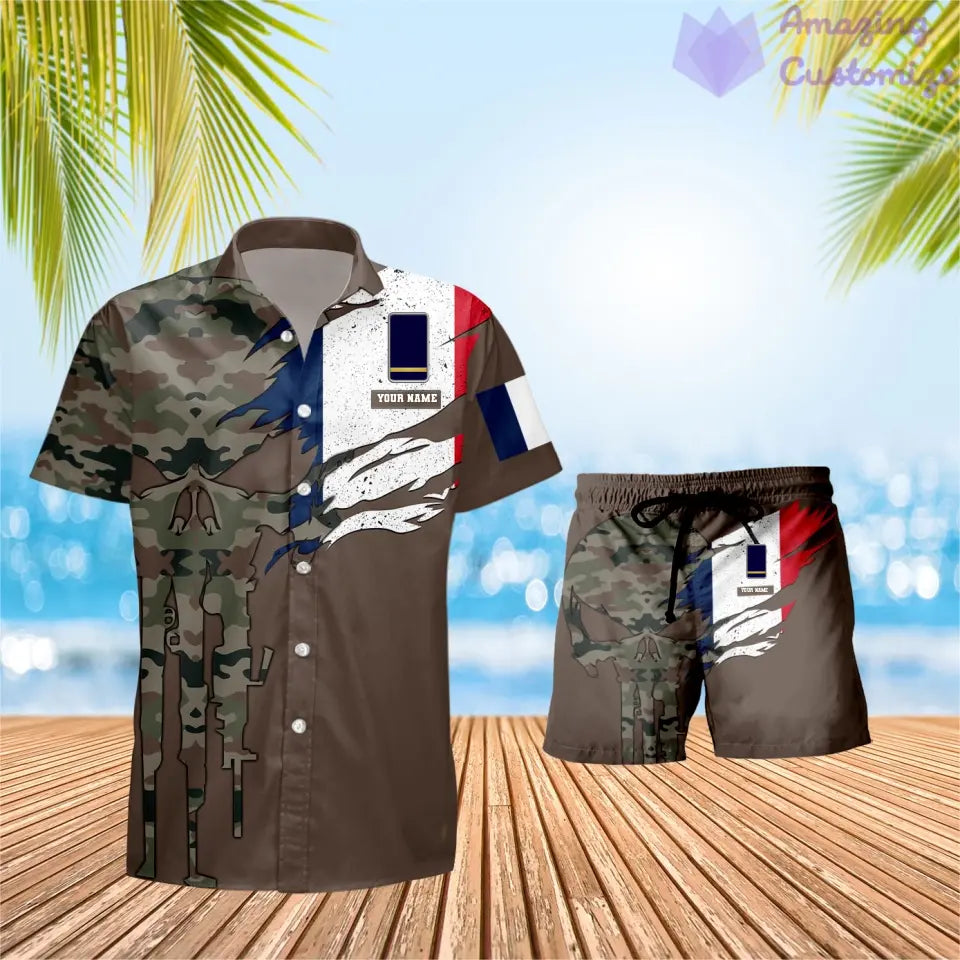 Personalisiertes französisches Soldaten-/Veteranen-Tarnmuster mit Rangkombination, Hawaiihemd + Shorts, 3D-Druck – 0311230001QA