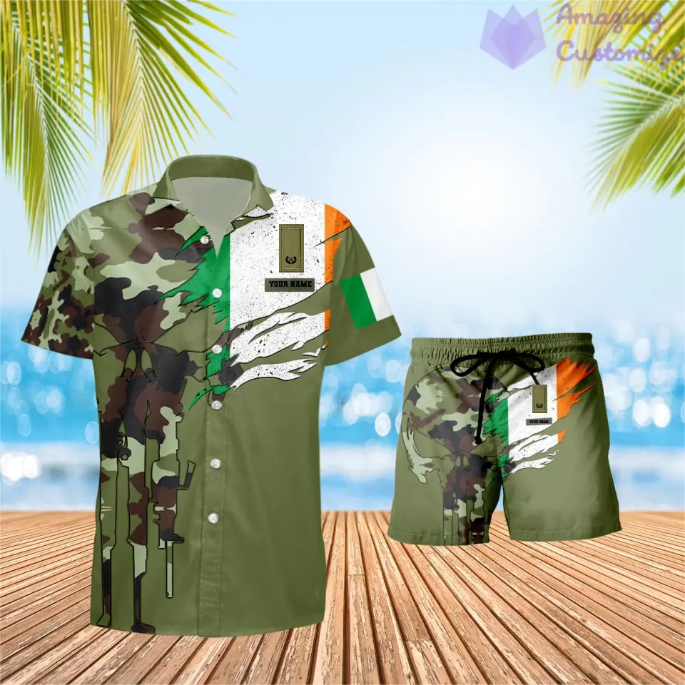 T-shirt hawaïen personnalisé avec camouflage soldat/vétéran irlandais et combo de grades + short imprimé en 3D - 0311230001QA