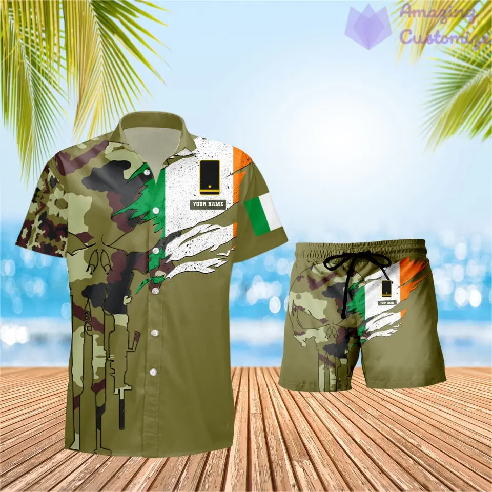 T-shirt hawaïen personnalisé avec camouflage soldat/vétéran irlandais et combo de grades + short imprimé en 3D - 0311230001QA