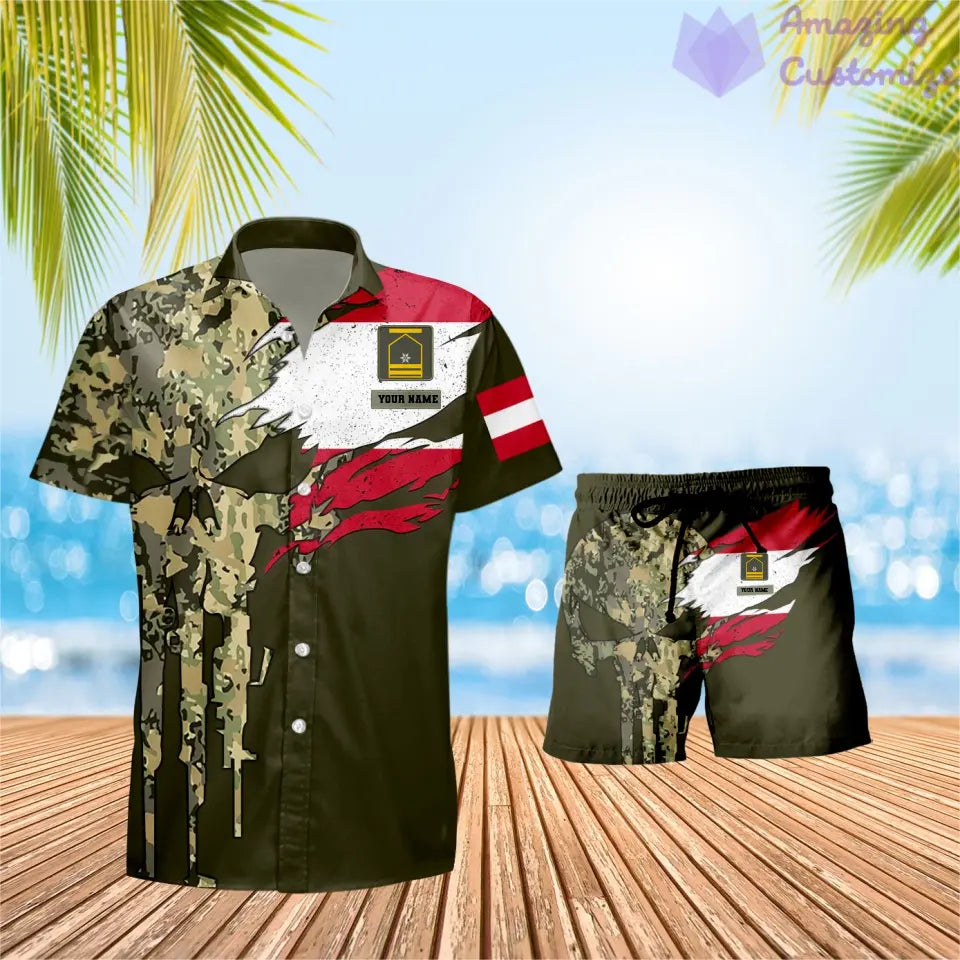 Personalisiertes österreichisches Soldaten-/Veteranen-Tarnmuster mit Rangkombination Hawaiihemd + Shorts 3D-Druck – 0311230001QA