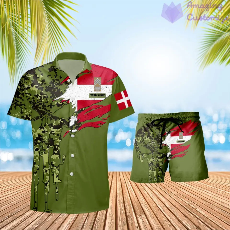 Personalisiertes dänisches Soldaten-/Veteranen-Tarnmuster mit Rangkombination Hawaiihemd + Shorts 3D-Druck – 0311230001QA