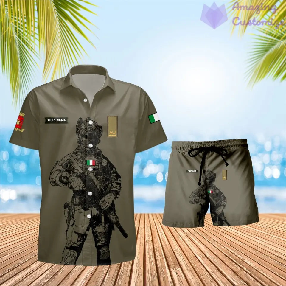 T-shirt Hawaï personnalisé avec camouflage soldat/vétéran italien et combo de grades + short imprimé en 3D - 17042401QA