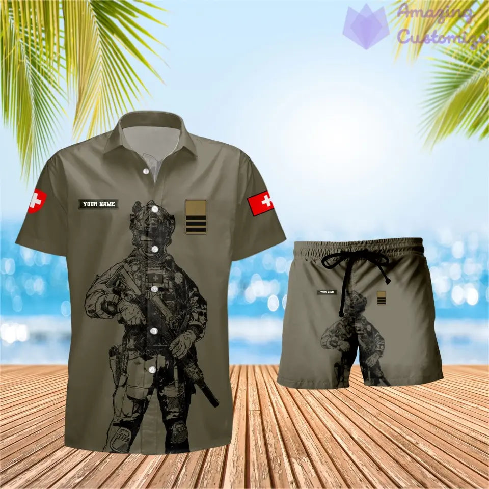 T-shirt Hawaï personnalisé avec camouflage soldat suisse/vétéran avec combo de grade et short imprimé en 3D - 17042401QA