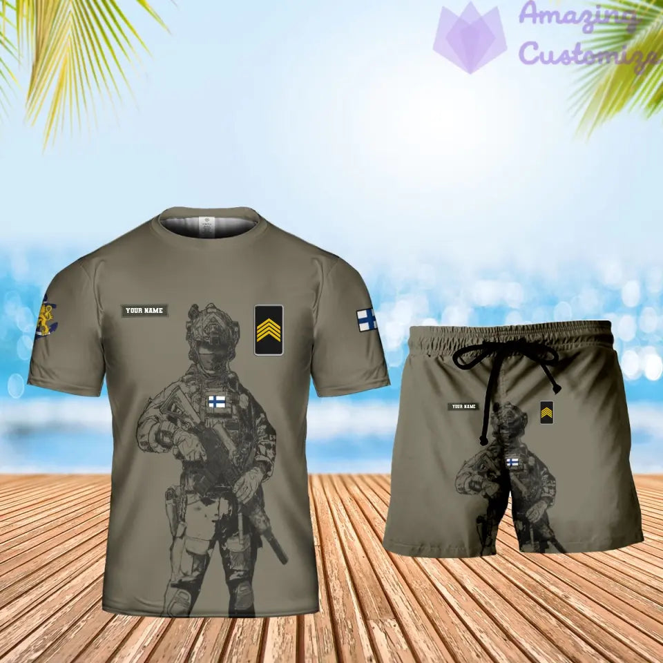 T-shirt personnalisé avec camouflage soldat/vétéran finlandais avec nom et grade + short imprimé en 3D - 17042401QA