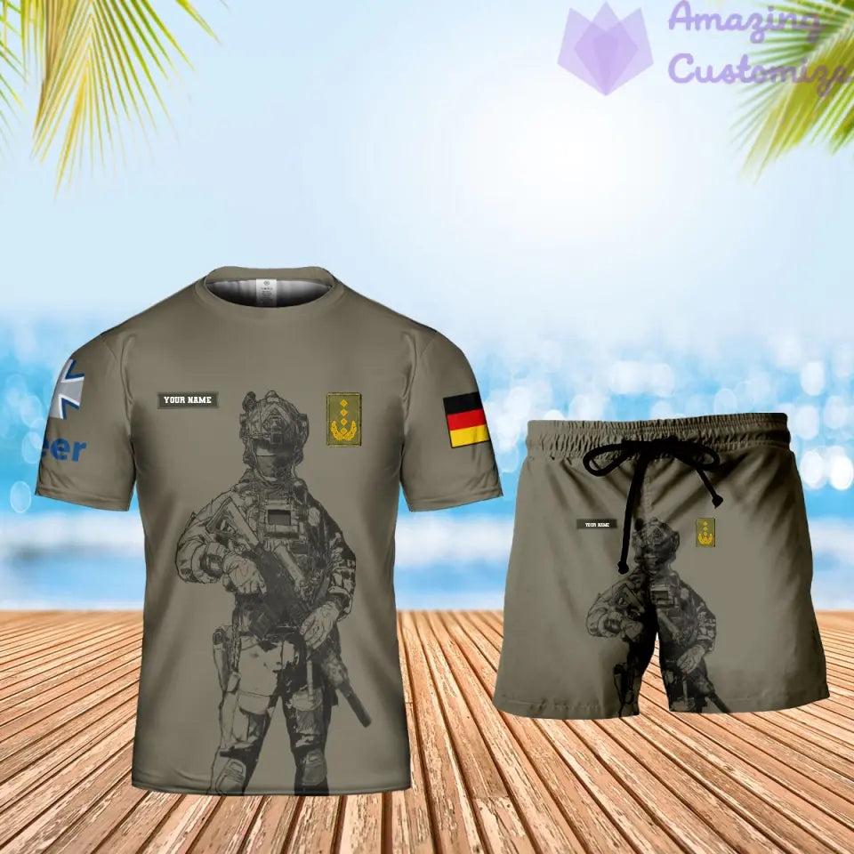 Personalisiertes deutsches Soldaten-/Veteranen-Tarnmuster mit Namen und Rang, Kombi-T-Shirt + Shorts, 3D-Druck – 17042401QA