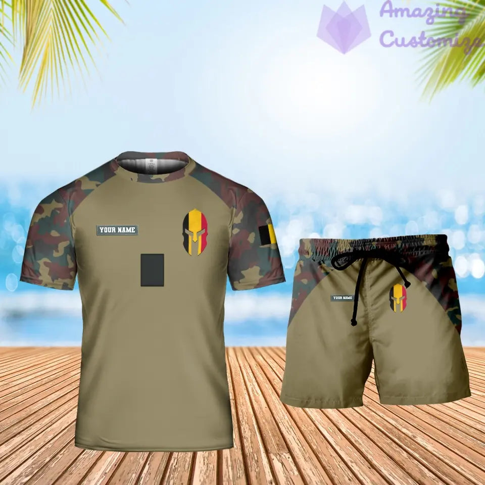 Personalisierter belgischer Soldat/Veteran, Camouflage, mit Namen und Rang, Kombi-T-Shirt + Short, 3D-Druck – 1010230001QA