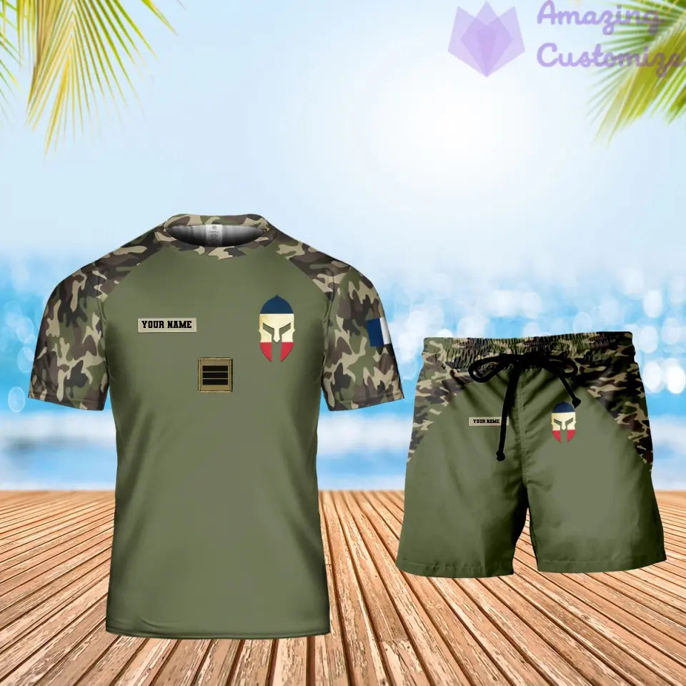 Personalisiertes französisches Soldaten-/Veteranen-Tarnmuster mit Namen und Rang, Kombi-T-Shirt + Shorts, 3D-Druck – 0310230005QA